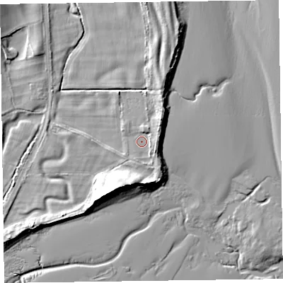 Shaded relief map of the ground around LA129RA, computed from Environment Agency LiDAR. The ground here sits at about 6 m above sea level and falls 17 m across the surrounding 800 m. Surface water reaching this point runs off ground lying to the south-south-west, 7.5 m higher.