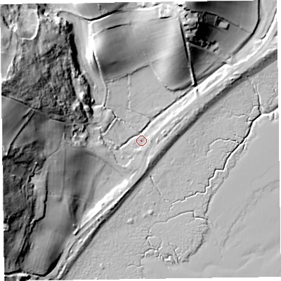 Shaded relief map of the ground around LA129RB, computed from Environment Agency LiDAR. The ground here sits at about 6 m above sea level and falls 42 m across the surrounding 800 m. Surface water reaching this point runs off ground lying to the west, 34.2 m higher.