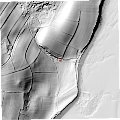 Shaded relief map of the ground around LA129RR, computed from Environment Agency LiDAR. The ground here sits at about 10 m above sea level and falls 58 m across the surrounding 800 m. Surface water reaching this point runs off ground lying to the west, 50.7 m higher.