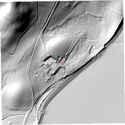 Shaded relief map of the ground around LA129RT, computed from Environment Agency LiDAR. The ground here sits at about 14 m above sea level and falls 67 m across the surrounding 800 m. Surface water reaching this point runs off ground lying to the north-west, 12.1 m higher.