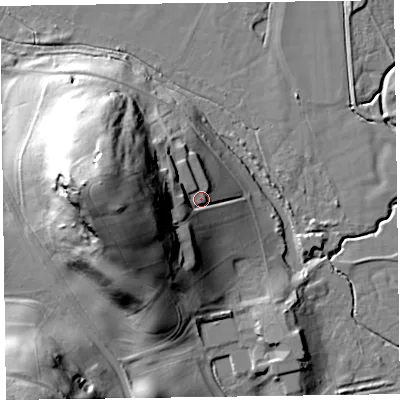 Shaded relief map of the ground around LA129RX, computed from Environment Agency LiDAR. The ground here sits at about 21 m above sea level and falls 51 m across the surrounding 800 m. Surface water reaching this point runs off ground lying to the west, 33.3 m higher.