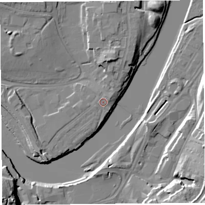 Shaded relief map of the ground around LA12AA, computed from Environment Agency LiDAR. The ground here sits at about 8 m above sea level and falls 24 m across the surrounding 800 m. Surface water reaching this point runs off ground lying to the north-east, 1.9 m higher.