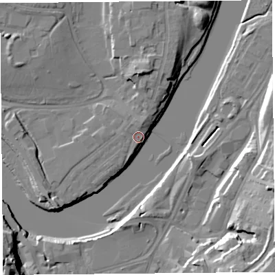 Shaded relief map of the ground around LA12AB, computed from Environment Agency LiDAR. The ground here sits at about 7 m above sea level and falls 23 m across the surrounding 800 m. Surface water reaching this point runs off ground lying to the north-north-east, 6.4 m higher.