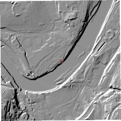Shaded relief map of the ground around LA12AD, computed from Environment Agency LiDAR. The ground here sits at about 7 m above sea level and falls 33 m across the surrounding 800 m. Surface water reaching this point runs off ground lying to the west-south-west, 27.3 m higher.