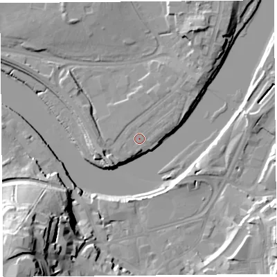 Shaded relief map of the ground around LA12AE, computed from Environment Agency LiDAR. The ground here sits at about 7 m above sea level and falls 38 m across the surrounding 800 m. Surface water reaching this point runs off ground lying to the north-east, 1.1 m higher.