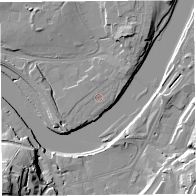 Shaded relief map of the ground around LA12AF, computed from Environment Agency LiDAR. The ground here sits at about 7 m above sea level and falls 38 m across the surrounding 800 m. Surface water reaching this point runs off ground lying to the north-east, 0.9 m higher.