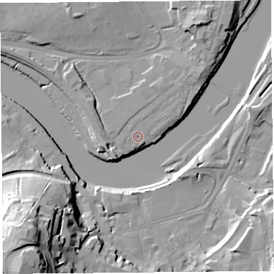 Shaded relief map of the ground around LA12AG, computed from Environment Agency LiDAR. The ground here sits at about 7 m above sea level and falls 38 m across the surrounding 800 m. Surface water reaching this point runs off ground lying to the north-west, 0.5 m higher.