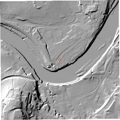Shaded relief map of the ground around LA12AH, computed from Environment Agency LiDAR. The ground here sits at about 7 m above sea level and falls 38 m across the surrounding 800 m. Surface water reaching this point runs off ground lying to the north-north-east, 8.6 m higher.