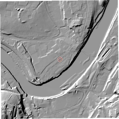 Shaded relief map of the ground around LA12AJ, computed from Environment Agency LiDAR. The ground here sits at about 7 m above sea level and falls 38 m across the surrounding 800 m. Surface water reaching this point runs off ground lying to the north-east, 0.8 m higher.