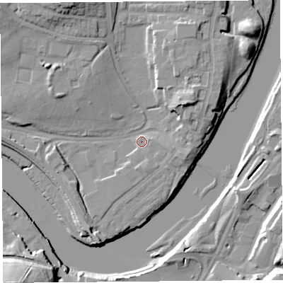 Shaded relief map of the ground around LA12AL, computed from Environment Agency LiDAR. The ground here sits at about 7 m above sea level and falls 26 m across the surrounding 800 m. Surface water reaching this point runs off ground lying to the north-east, 8.6 m higher.
