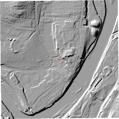 Shaded relief map of the ground around LA12AP, computed from Environment Agency LiDAR. The ground here sits at about 7 m above sea level and falls 19 m across the surrounding 800 m. Surface water reaching this point runs off ground lying to the east-north-east, 7.3 m higher.