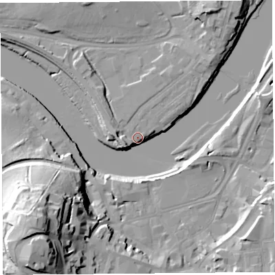 Shaded relief map of the ground around LA12AQ, computed from Environment Agency LiDAR. The ground here sits at about 7 m above sea level and falls 38 m across the surrounding 800 m. Surface water reaching this point runs off ground lying to the south-west, 37.8 m higher.