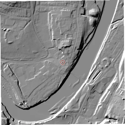 Shaded relief map of the ground around LA12AR, computed from Environment Agency LiDAR. The ground here sits at about 8 m above sea level and falls 20 m across the surrounding 800 m. Surface water reaching this point runs off ground lying to the north-north-east, 6.6 m higher.