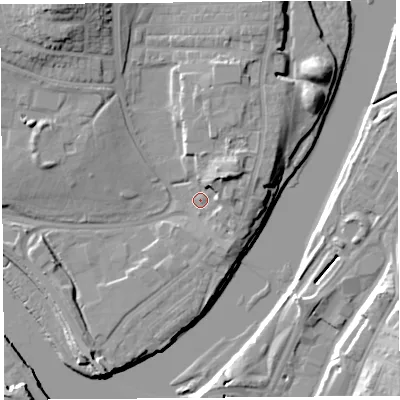 Shaded relief map of the ground around LA12AS, computed from Environment Agency LiDAR. The ground here sits at about 8 m above sea level and falls 19 m across the surrounding 800 m. Surface water reaching this point runs off ground lying to the north-north-east, 5.3 m higher.