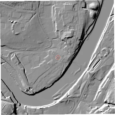 Shaded relief map of the ground around LA12AT, computed from Environment Agency LiDAR. The ground here sits at about 8 m above sea level and falls 27 m across the surrounding 800 m. Surface water reaching this point runs off ground lying to the south-south-east, 0.7 m higher.