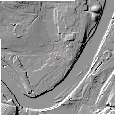 Shaded relief map of the ground around LA12AW, computed from Environment Agency LiDAR. The ground here sits at about 8 m above sea level and falls 27 m across the surrounding 800 m. Surface water reaching this point runs off ground lying to the south-south-east, 0.8 m higher.