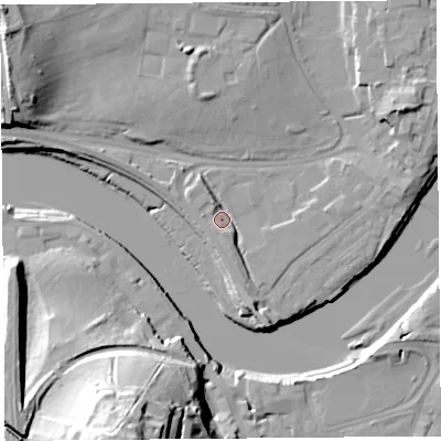 Shaded relief map of the ground around LA12BF, computed from Environment Agency LiDAR. The ground here sits at about 8 m above sea level and falls 37 m across the surrounding 800 m. Surface water reaching this point runs off ground lying to the south-south-east, 3.9 m higher.