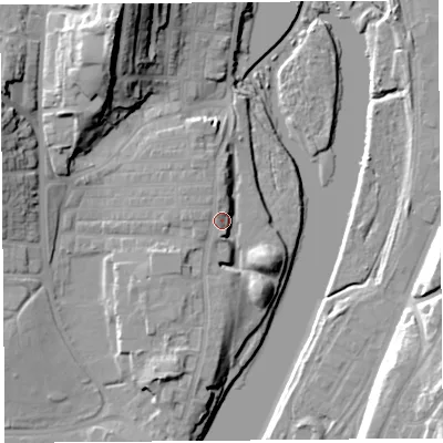 Shaded relief map of the ground around LA12BH, computed from Environment Agency LiDAR. The ground here sits at about 11 m above sea level and falls 30 m across the surrounding 800 m. Surface water reaching this point runs off ground lying to the south-south-west, 7.0 m higher.