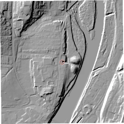 Shaded relief map of the ground around LA12BQ, computed from Environment Agency LiDAR. The ground here sits at about 10 m above sea level and falls 28 m across the surrounding 800 m. Surface water reaching this point runs off ground lying to the south-south-west, 7.0 m higher.
