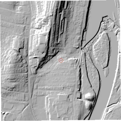 Shaded relief map of the ground around LA12DT, computed from Environment Agency LiDAR. The ground here sits at about 10 m above sea level and falls 34 m across the surrounding 800 m. Surface water reaching this point runs off ground lying to the east-south-east, 1.9 m higher.