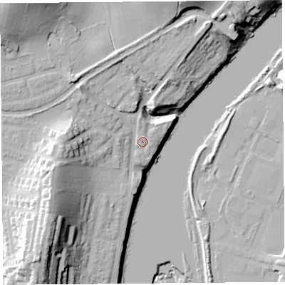 Shaded relief map of the ground around LA12TL, computed from Environment Agency LiDAR. The ground here sits at about 16 m above sea level and falls 34 m across the surrounding 800 m. Surface water reaching this point runs off ground lying to the north, 1.3 m higher.