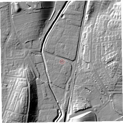 Shaded relief map of the ground around LA130AX, computed from Environment Agency LiDAR. The ground here sits at about 7 m above sea level and falls 25 m across the surrounding 800 m. Surface water reaching this point runs off ground lying to the north-east, 2.2 m higher.