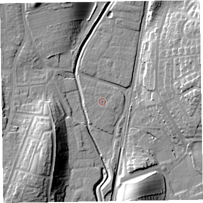 Shaded relief map of the ground around LA130AY, computed from Environment Agency LiDAR. The ground here sits at about 8 m above sea level and falls 23 m across the surrounding 800 m. Surface water reaching this point runs off ground lying to the south-east, 0.7 m higher.