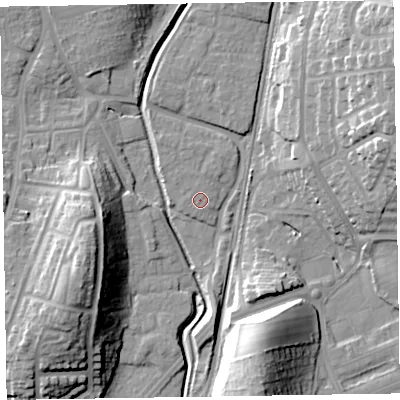 Shaded relief map of the ground around LA130AZ, computed from Environment Agency LiDAR. The ground here sits at about 8 m above sea level and falls 23 m across the surrounding 800 m. Surface water reaching this point runs off ground lying to the north, 0.6 m higher.