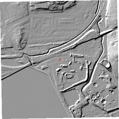 Shaded relief map of the ground around LA130DH, computed from Environment Agency LiDAR. The ground here sits at about 7 m above sea level and falls 21 m across the surrounding 800 m. Surface water reaching this point runs off ground lying to the east-north-east, 3.0 m higher.