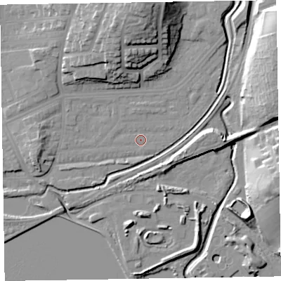 Shaded relief map of the ground around LA130DP, computed from Environment Agency LiDAR. The ground here sits at about 6 m above sea level and falls 23 m across the surrounding 800 m. Surface water reaching this point runs off ground lying to the west-north-west, 0.8 m higher.