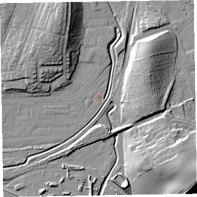 Shaded relief map of the ground around LA130DR, computed from Environment Agency LiDAR. The ground here sits at about 6 m above sea level and falls 29 m across the surrounding 800 m. Surface water reaching this point runs off ground lying to the north-north-west, 23.2 m higher.