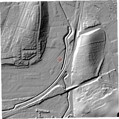 Shaded relief map of the ground around LA130DS, computed from Environment Agency LiDAR. The ground here sits at about 6 m above sea level and falls 29 m across the surrounding 800 m. Surface water reaching this point runs off ground lying to the north, 1.1 m higher.