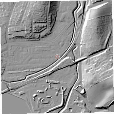 Shaded relief map of the ground around LA130DU, computed from Environment Agency LiDAR. The ground here sits at about 6 m above sea level and falls 27 m across the surrounding 800 m. Surface water reaching this point runs off ground lying to the north-north-east, 6.7 m higher.