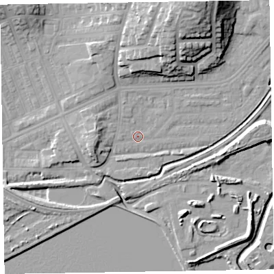 Shaded relief map of the ground around LA130DW, computed from Environment Agency LiDAR. The ground here sits at about 6 m above sea level and falls 23 m across the surrounding 800 m. Surface water reaching this point runs off ground lying to the west, 5.2 m higher.