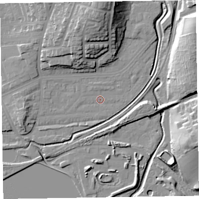 Shaded relief map of the ground around LA130DX, computed from Environment Agency LiDAR. The ground here sits at about 6 m above sea level and falls 24 m across the surrounding 800 m. Surface water reaching this point runs off ground lying to the west, 0.8 m higher.