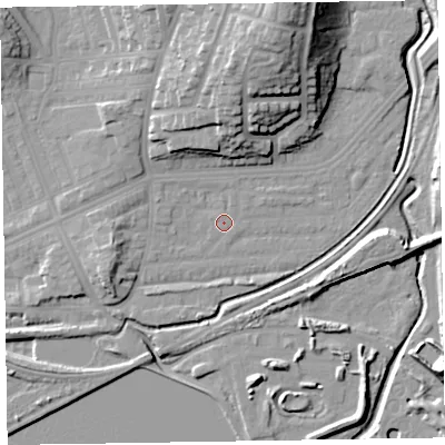 Shaded relief map of the ground around LA130DY, computed from Environment Agency LiDAR. The ground here sits at about 6 m above sea level and falls 24 m across the surrounding 800 m. Surface water reaching this point runs off ground lying to the west-north-west, 1.2 m higher.