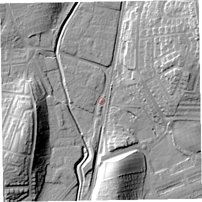 Shaded relief map of the ground around LA130EA, computed from Environment Agency LiDAR. The ground here sits at about 7 m above sea level and falls 30 m across the surrounding 800 m. Surface water reaching this point runs off ground lying to the north-east, 25.0 m higher.