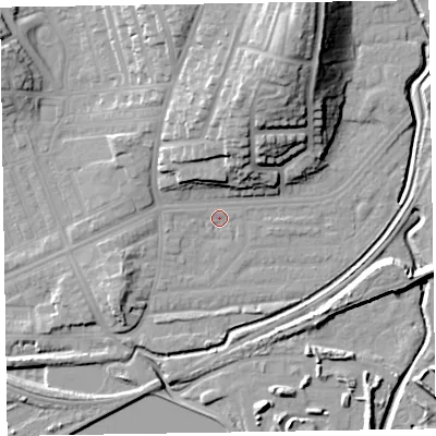 Shaded relief map of the ground around LA130EE, computed from Environment Agency LiDAR. The ground here sits at about 6 m above sea level and falls 24 m across the surrounding 800 m. Surface water reaching this point runs off ground lying to the east, 0.8 m higher.