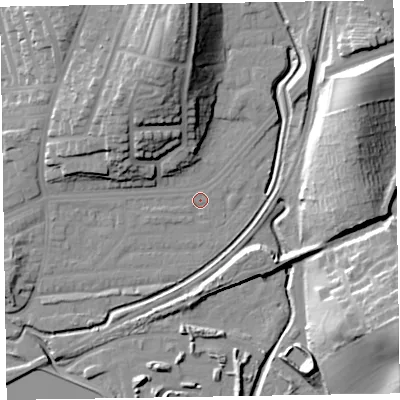 Shaded relief map of the ground around LA130EH, computed from Environment Agency LiDAR. The ground here sits at about 6 m above sea level and falls 25 m across the surrounding 800 m. Surface water reaching this point runs off ground lying to the north, 20.9 m higher.