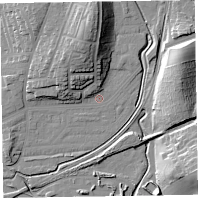 Shaded relief map of the ground around LA130EJ, computed from Environment Agency LiDAR. The ground here sits at about 6 m above sea level and falls 24 m across the surrounding 800 m. Surface water reaching this point runs off ground lying to the north, 20.7 m higher.