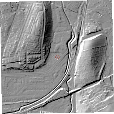 Shaded relief map of the ground around LA130EL, computed from Environment Agency LiDAR. The ground here sits at about 6 m above sea level and falls 27 m across the surrounding 800 m. Surface water reaching this point runs off ground lying to the north-west, 15.4 m higher.
