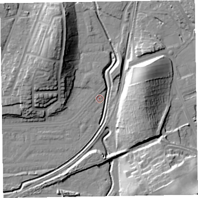 Shaded relief map of the ground around LA130EN, computed from Environment Agency LiDAR. The ground here sits at about 6 m above sea level and falls 29 m across the surrounding 800 m. Surface water reaching this point runs off ground lying to the north-west, 23.2 m higher.