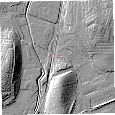 Shaded relief map of the ground around LA130ER, computed from Environment Agency LiDAR. The ground here sits at about 8 m above sea level and falls 31 m across the surrounding 800 m. Surface water reaching this point runs off ground lying to the south-south-east, 8.7 m higher.