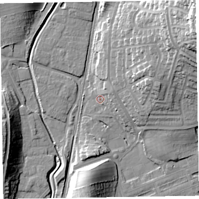 Shaded relief map of the ground around LA130ES, computed from Environment Agency LiDAR. The ground here sits at about 9 m above sea level and falls 43 m across the surrounding 800 m. Surface water reaching this point runs off ground lying to the east-north-east, 6.4 m higher.