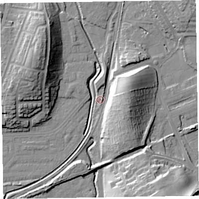 Shaded relief map of the ground around LA130EW, computed from Environment Agency LiDAR. The ground here sits at about 7 m above sea level and falls 26 m across the surrounding 800 m. Surface water reaching this point runs off ground lying to the north-north-east, 6.4 m higher.