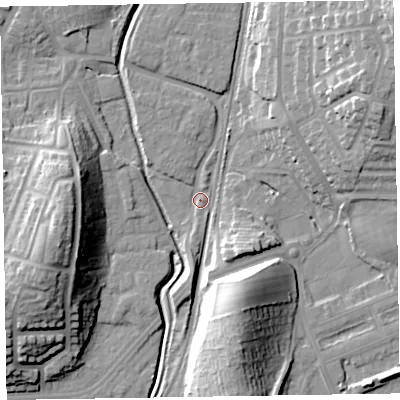 Shaded relief map of the ground around LA130FB, computed from Environment Agency LiDAR. The ground here sits at about 7 m above sea level and falls 27 m across the surrounding 800 m. Surface water reaching this point runs off ground lying to the north-east, 23.3 m higher.