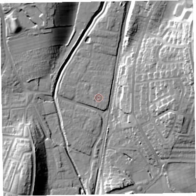 Shaded relief map of the ground around LA130GR, computed from Environment Agency LiDAR. The ground here sits at about 8 m above sea level and falls 30 m across the surrounding 800 m. Surface water reaching this point runs off ground lying to the west-south-west, 0.6 m higher.