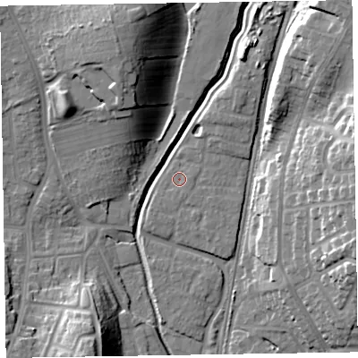 Shaded relief map of the ground around LA130GT, computed from Environment Agency LiDAR. The ground here sits at about 8 m above sea level and falls 21 m across the surrounding 800 m. Surface water reaching this point runs off ground lying to the south-south-east, 1.1 m higher.