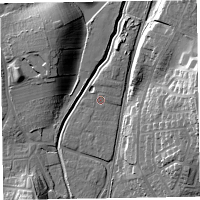Shaded relief map of the ground around LA130GU, computed from Environment Agency LiDAR. The ground here sits at about 9 m above sea level and falls 28 m across the surrounding 800 m. Surface water reaching this point runs off ground lying to the north-north-east, 1.7 m higher.