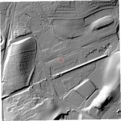 Shaded relief map of the ground around LA130HL, computed from Environment Agency LiDAR. The ground here sits at about 9 m above sea level and falls 26 m across the surrounding 800 m. Surface water reaching this point runs off ground lying to the south, 23.1 m higher.